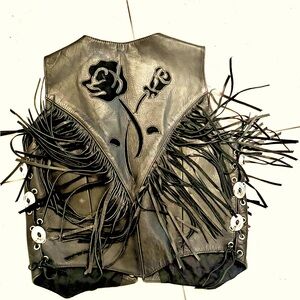 Vintage black leather fringe vest